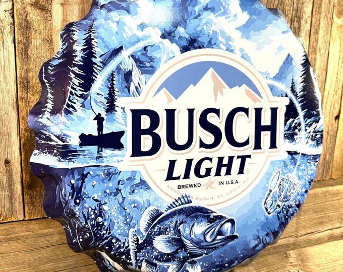 Busch Light Fishing Bottle Cap Metal Sign 18" Beer Cap Bar Wall Mancavedecor Fisherman Bass Sign