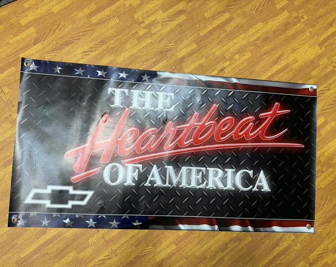Chevy Heartbeat of America Banner 46x24 Chevrolet Garage Wall Decor Truck Shop Mancavedecor