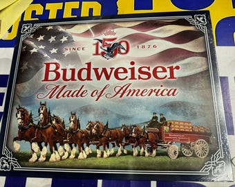Budweiser “Made of America” Blechschild 16 "x12,5" Clydesdales Amerikanische Flagge Bier Dekor