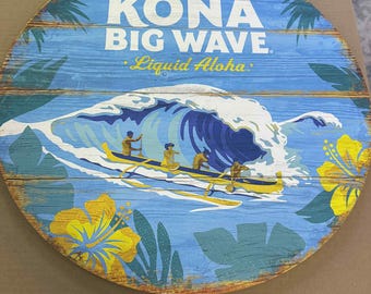 Kona Big Wave Wooden Sign 23.5" Round – Hawaiian Beer Wall Art Man Cave Bar Decor