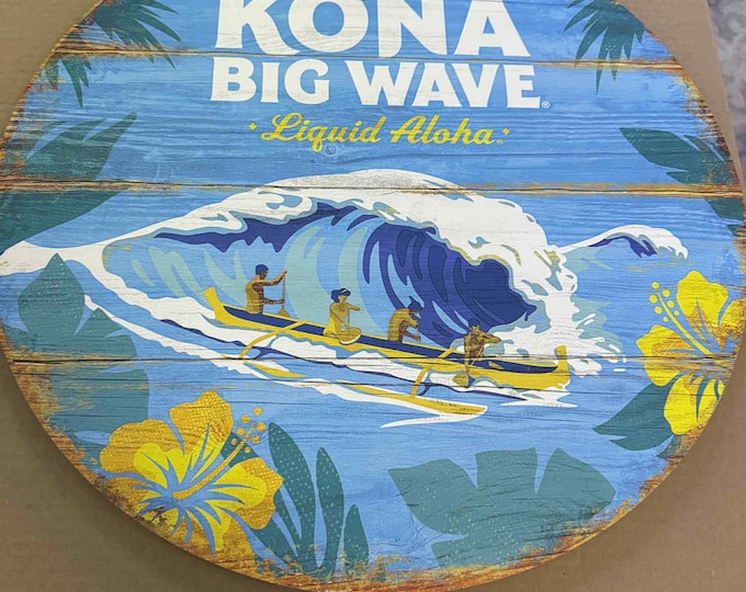 Kona Big Wave Wooden Sign 23.5" Round – Hawaiian Beer Wall Art Man Cave Bar Decor