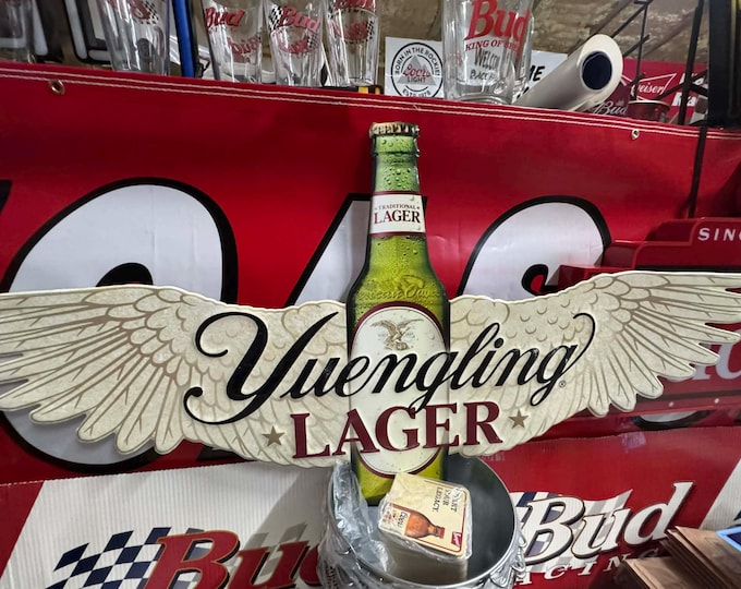 Damange Yuengling Lager Large Tin Sign 44 x 21.5 | Vintage Beer Bar Wall Decor | Winged Bottle Metal Sign Mancavedecor