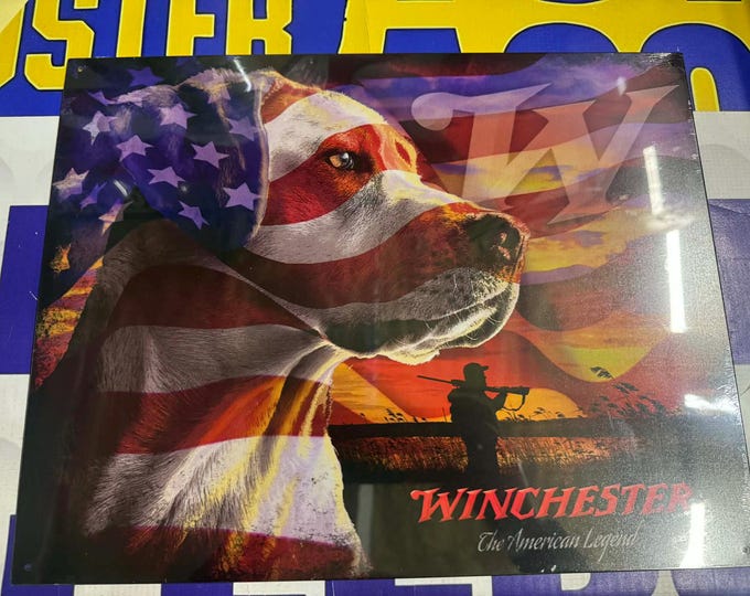 Winchester Hunting Dog Tin Sign 12.5"x16" American Flag Hunting Mancave Decor