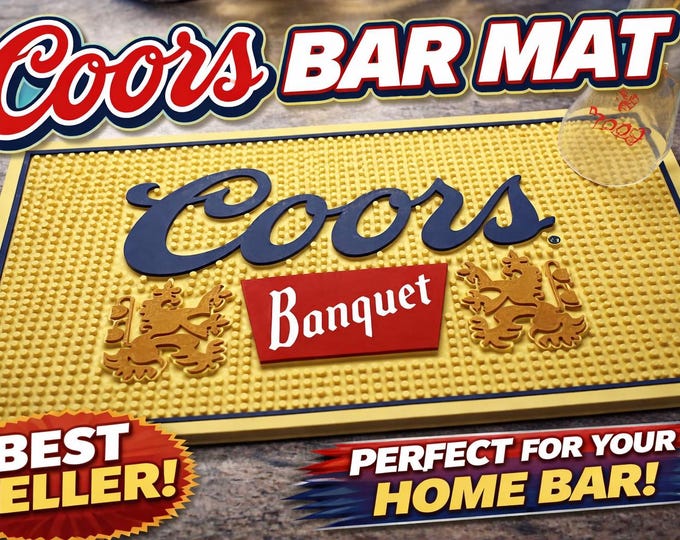 Coors Banquet Bar Mats for Countertop - 18x12 inches, Non-Slip Rubber Backing, Home Bar