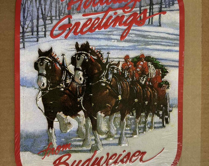Budweiser Vintage Holiday Greetings Clydesdale Wall Sign – 17x10.5 Christmas Bar Decor – Breweriana Collectible – Horses Winter Scene