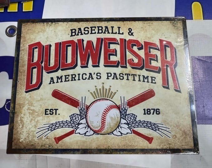 Budweiser Baseball Metal Sign 10.75x8.25 Vintage Bud Bar Decor America’s Pastime Mancavedecor Wall Sign