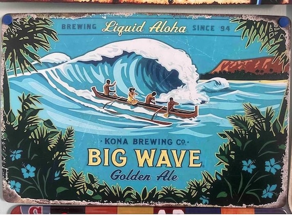Kona Big Wave Beer Tin Sign: Retro Bar Decor, 8x12 Metal Wall Art