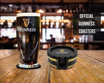 Guinness Beer Coaster Set with Holder – 6 Pack Barrel Style – Wood Look – Perfect for Home Bars & Parties