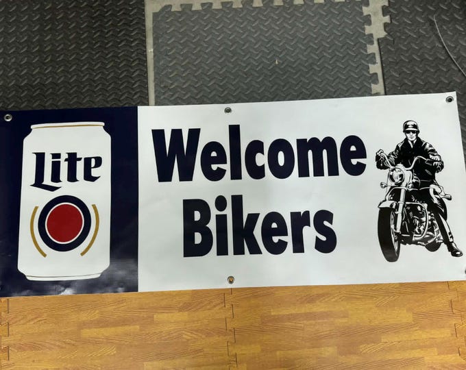 Miller Lite Welcome Bikers Banner 50x20 Beer Bar Sign Motorcycle Man Cave Garage Wall Decor