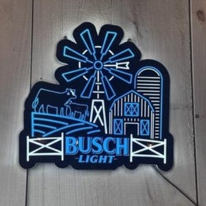 Letrero de neón LED para agricultura de Busch Light: iluminación para bar de cerveza, granja, molino de viento, vaca, granero / Decoración rústica para cuevas de hombres