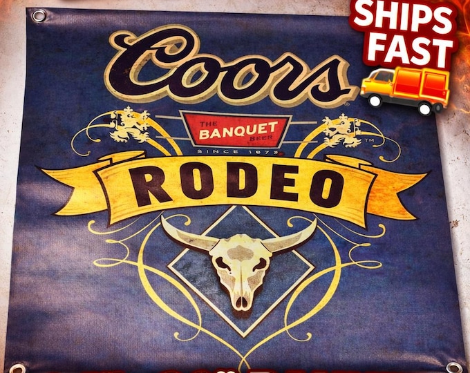 Coors Banquet Rodeo Banner 24x30” Beer Wall Decor | Western Bar Decor | Coors Rodeo Bull Skull Mancavedecor