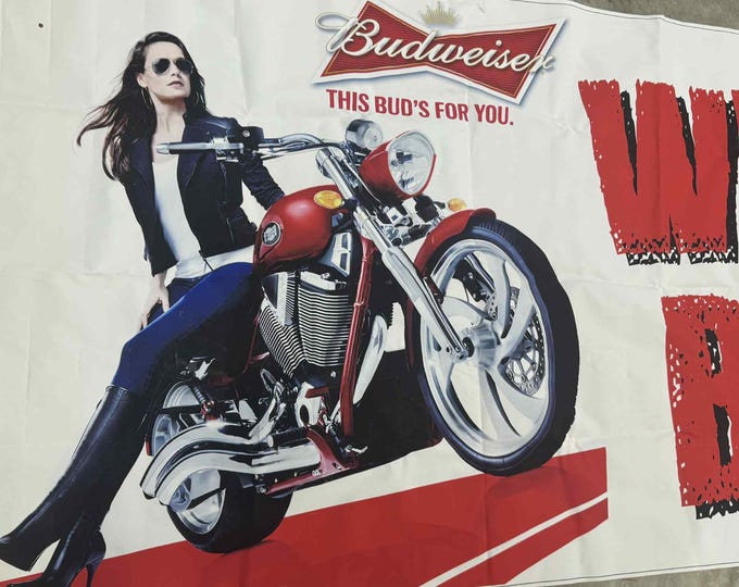 Budweiser Welcome Bikers Banner 36x105 | Vintage Cloth Bar Sign | Man Cave Garage Beer Decor