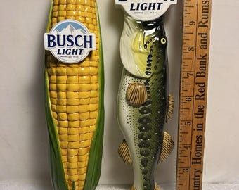 Busch Light Beer Tap Handles – Farming Corn & Fishing Bass Draft Tap Lot – Man Cave Bar Collectibles
