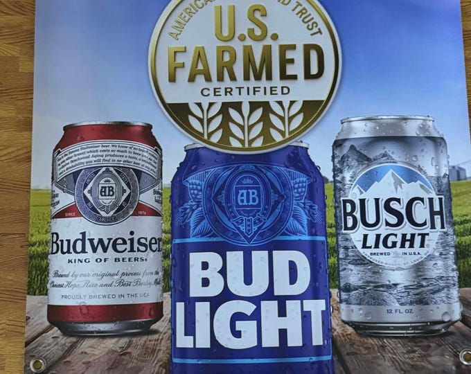 U.S. Farmed Certified Beer Banner – Bud Light, Budweiser & Busch Light Bar Decor (24x24)