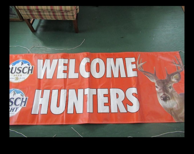 Busch Light “Welcome Hunters” PVC Banner – 3x8 ft Beer Sign with Hanging Strings, Deer Hunting Bar Decor