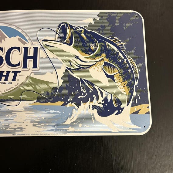 Busch Light Fishing Sign 23x14 – Largemouth Bass Metal Tin Bar Man