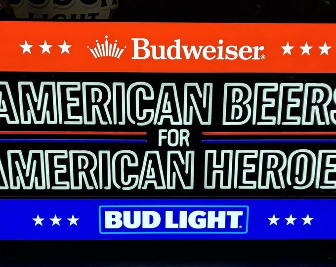 RARE Budweiser Bud Light American Beers For American Heroes Lighted Bar Sign 34"x21"