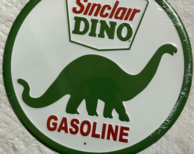 Sinclair Dino Gasoline Round Metal Sign | 12 Inch | New Oil & Gas Garage Mancave Decor