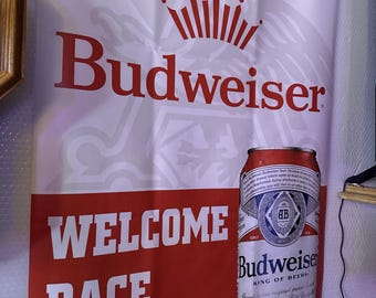 Budweiser Racing Banner 2x4 ft Welcome Race Fans Sign NASCAR Garage Bar Decor Vintage Advertising Collectible