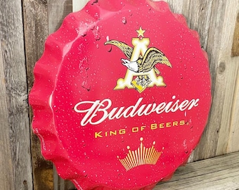 Budweiser Bottle Cap Wall Sign 18” – King of Beers – Bar Decor Mancavedecor – NEW
