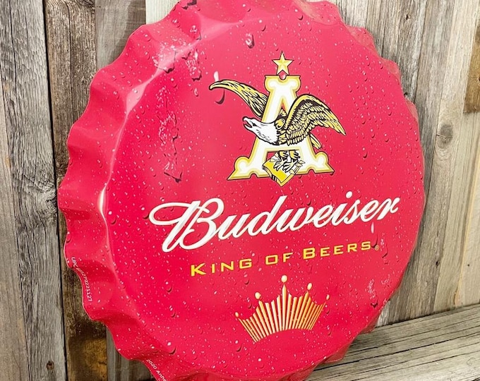 Budweiser Bottle Cap Wall Sign 18” – King of Beers – Bar Decor Mancavedecor – NEW