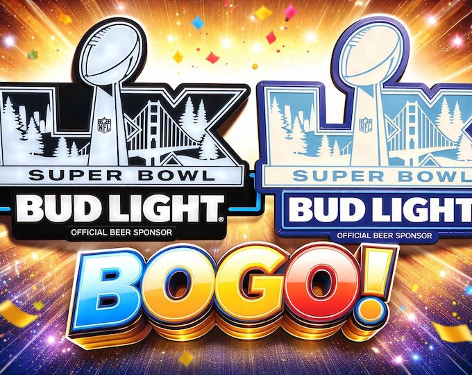 Bud Light Super Bowl LX Tin Sign 21x23 + Super Bowl 60 NFL LED Sign | Budweiser Football Mancave Decor | Sports Bar Wall Sign | Collector