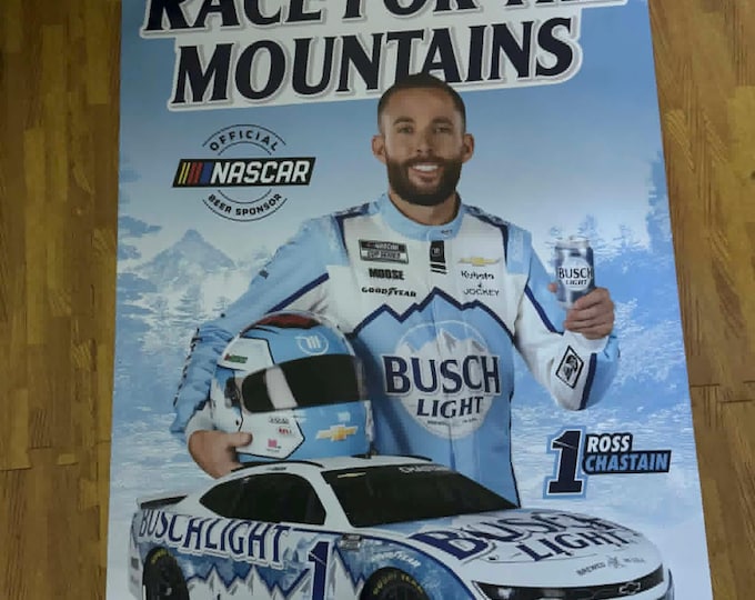 Busch Light NASCAR Banner 24x36 Ross Chastain #1 Race For The Mountains Sign, Racing Wall Decor, Garage Man Cave Decor, Busch Light Poster