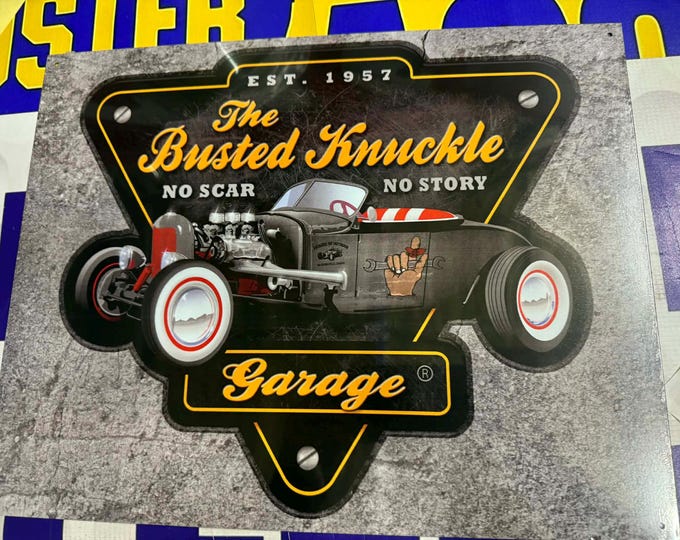 Busted Knuckle Garage Tin Sign 16"x12.5" Hot Rod American Made Mancave Decor