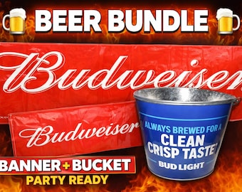 Budweiser Banner + Bud Light Bucket Bundle Beer Decor Set 3x10ft Banner Party Tub Man Cave Garage Bar Set