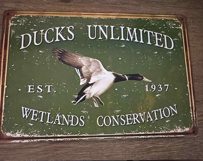 Ducks Unlimited Tin Sign 8x12 – Vintage Wetlands Conservation Metal Wall Decor, Rustic Duck Hunter Gift, Mancavedecor, Est 1937