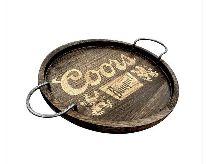 Coors Banquet Wooden Serving Tray 16” Rustic Beer Bar Tray Round Wood Mancavedecor Barware Western Decor