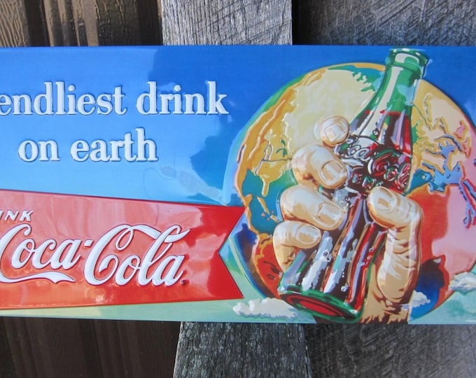 Coca Cola Friendliest Drink on Earth 3D Tin Sign 18x8 Vintage Style Soda Bar Mancavedecor