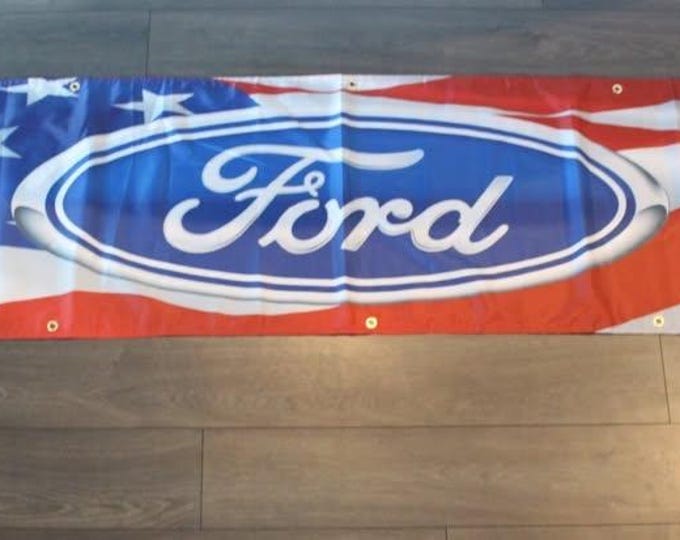Ford American Flag Banner – 2x8ft Large Garage Wall Art – Automotive Shop Decor
