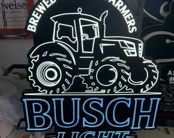 Busch Light Tractor LED Sign – Brewed for the Farmers – 24"x22" Barn, Man Cave, Garage Light – Chains Included
