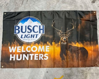 Busch Light Welcome Hunters Banner | 3x5ft Lightweight Polyester Flag | Indoor Man Cave, Bar, Garage, or Cabin Decor