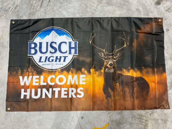 Busch Light Welcome Hunters Banner 2x6ft | Hunting Camp Man  🦌 Busch/Busch Light \'Welcome Deer Hunters\' Banner – 3\'x5\' – Perfect for Outdoor display picture 1