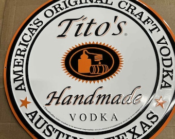 Tito's Handmade Vodka Round Metal Tin Sign – 17" Wall Decor | Austin Texas Craft Bar Sign