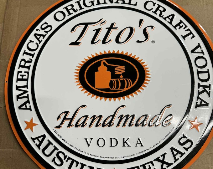 Tito's Handmade Vodka Round Metal Tin Sign – 17" Wall Decor | Austin Texas Craft Bar Sign
