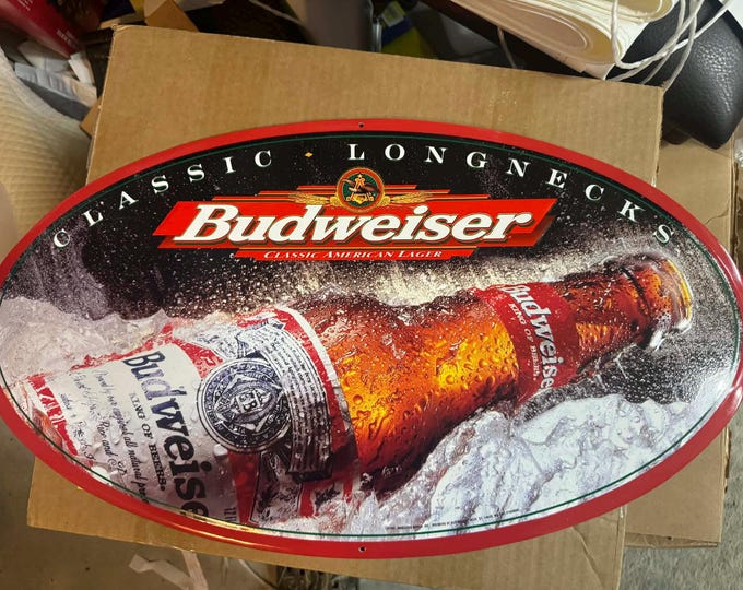 Vintage 1997 Budweiser Oval Tin Sign 24"x13.5" Classic American Lager Beer Bar Decor