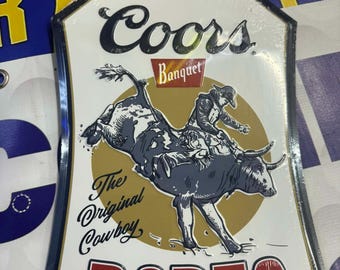 Damaged Coors Banquet Rodeo Metal Sign – “The Original Cowboy” Bull Rider Wall Art – 14.7" x 9.8" – Western Bar , Mancave Decor, Rodeo Gift