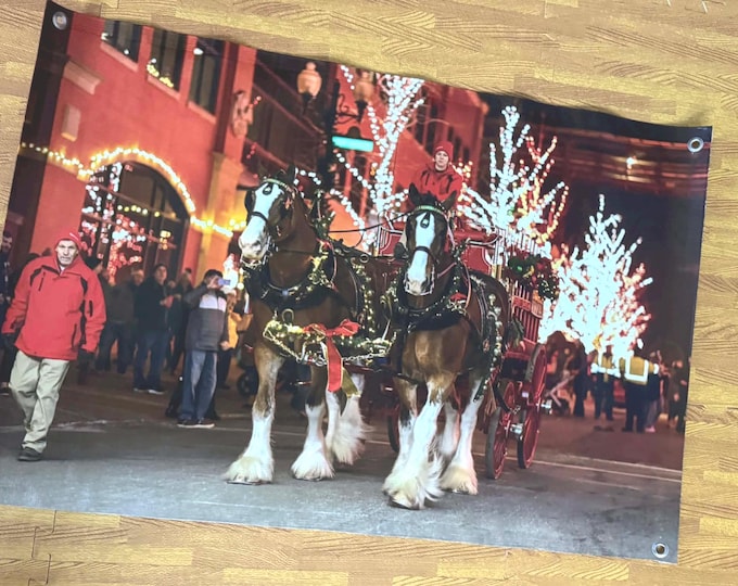 Budweiser Clydesdales Christmas Parade Vinyl Banner | Holiday Beer Wall Sign | 36” x 24”