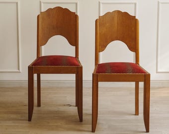 Paire de chaises Art Déco | Chêne vers 1930 | Ensemble de 2 chaises rembourrées avec clous en laiton