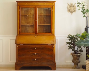 Antiker Sekretär mit Vitrine um 1900 Holz Schreibschrank mit Aufsatz Glasvitrine Vintage Secretary Desk Cabinet