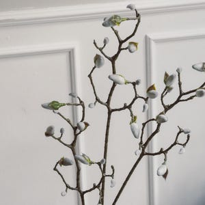 Könnte beinhalten: Nahaufnahme eines künstlichen Blumenarrangements mit Zweigen mit kleinen, weißen und grünen Knospen. Die Zweige haben eine natürliche, braune Farbe und sind vor einem weißen Hintergrund platziert.