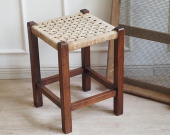 Bauhaus Style Stool | Woven Jute Seat | Functionalist Wood | European Modernism ca. 1940