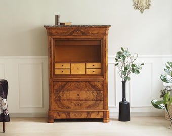 Antiker Wurzelnuss Sekretär aus der Biedermeier Zeit mit Marmor Schreibschrank Antik französischer Schrank Louis Philippe Büro Pult Ablage