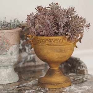 Puede incluir: Una jardinera dorada en forma de urna adornada con plantas secas de color rojo púrpura. La jardinera tiene asas decorativas y un borde detallado. Otra jardinera es parcialmente visible en el fondo.
