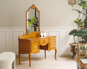 Franse kaptafel met spiegel van eikenhout, vintage kaptafel in Louis XV-stijl, consoletafel, spiegel voor de slaapkamer