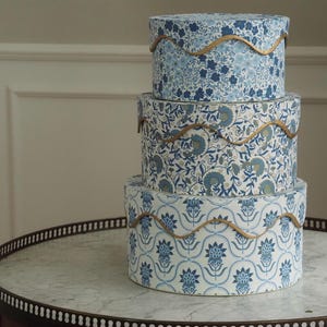 Può includere: Tre scatole decorative rotonde impilate con motivi floreali blu e finiture dorate. Le scatole sono di diverse dimensioni e poggiano su un tavolo con piano in marmo. Le scatole hanno un'estetica vintage.