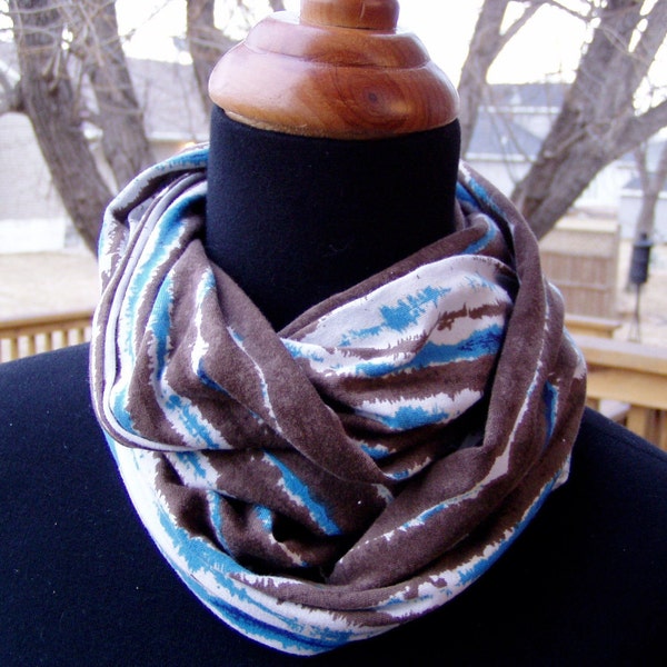 Infinity Scarf - Loop Scarf - T shirt knit - Blue and Brown - Tie Dye - Eternity Scarf - Circle Scarf